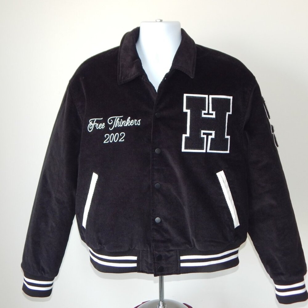 HUDSON Free Thinkers Men Bomber Jacket Insulated Black Logo Snap Closure XL NWT